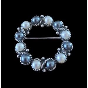 Avon Pin/Brooch-  circle- silver color- round white and gray pearl beads